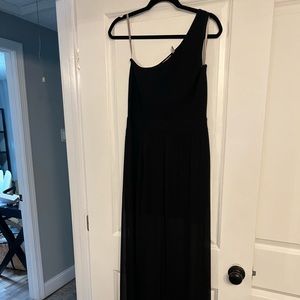 Black one shoulder dress with sheer overlay